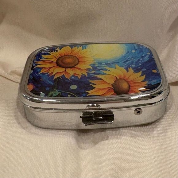 Sunflowers Starry Night Travel Pill Box 2 Compartment Medicine Pill Case NEW - Picture 3 of 5